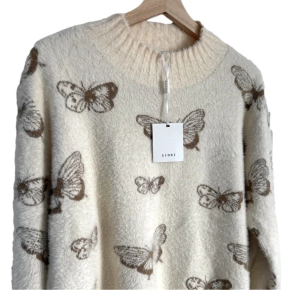Sioni Butterfly Print Cream & Brown Mock Neck Sweater New With Tag Extra Large - Picture 2 of 16